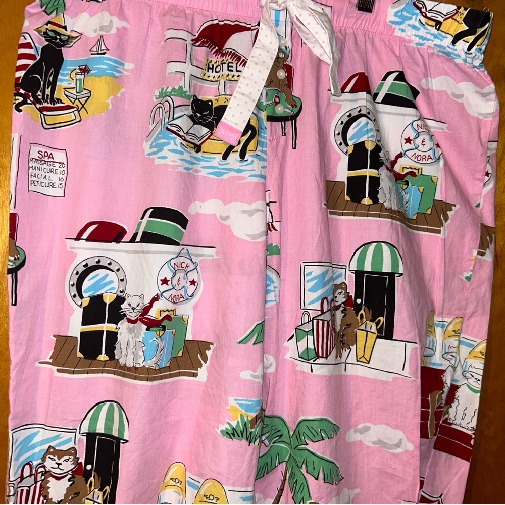 Nick & Nora Cat Pajama Pants Puss vacation spa beach cats on vacay fun Large - Picture 3 of 4